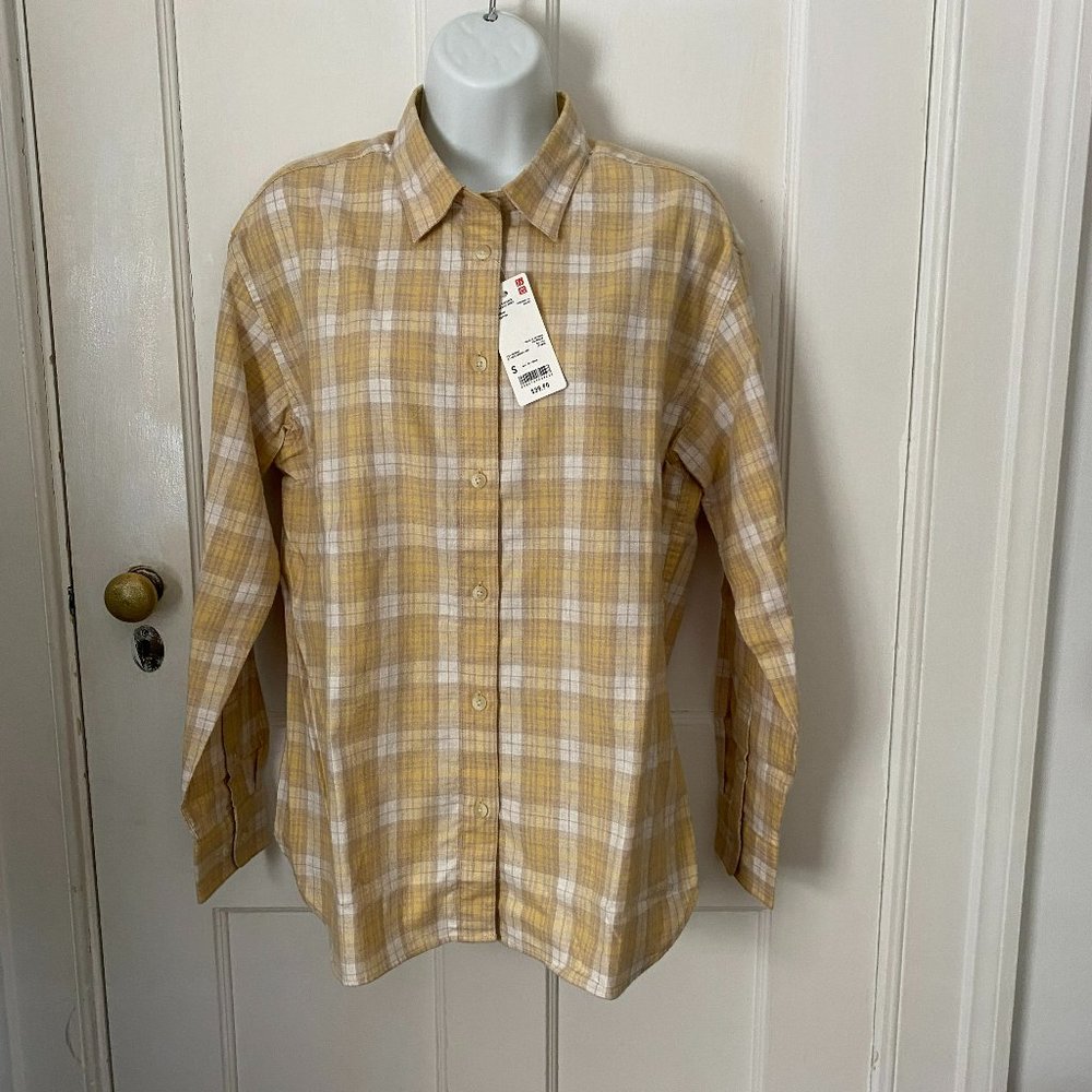 NWT Women's Yellow Plaid UNIQLO  Cotton Flannel Shirt, Size S